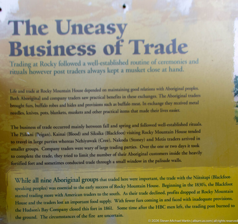Weathered yellow panel titled 'Uneasy Business of Trade' with text about Indigenous trade relationships and fur-trade protocols.