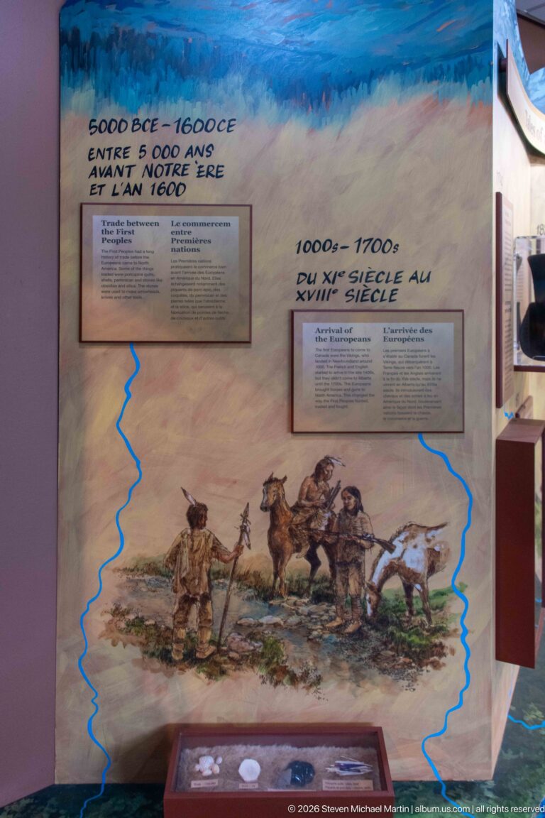 Interpretive panel with mounted travelers and pack animals beneath bilingual text about the period around 1600.