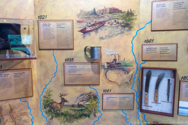 Illustrated history panel with blue river routes, dated text blocks, fur-trade scenes, wildlife, boats, and artifact cases.