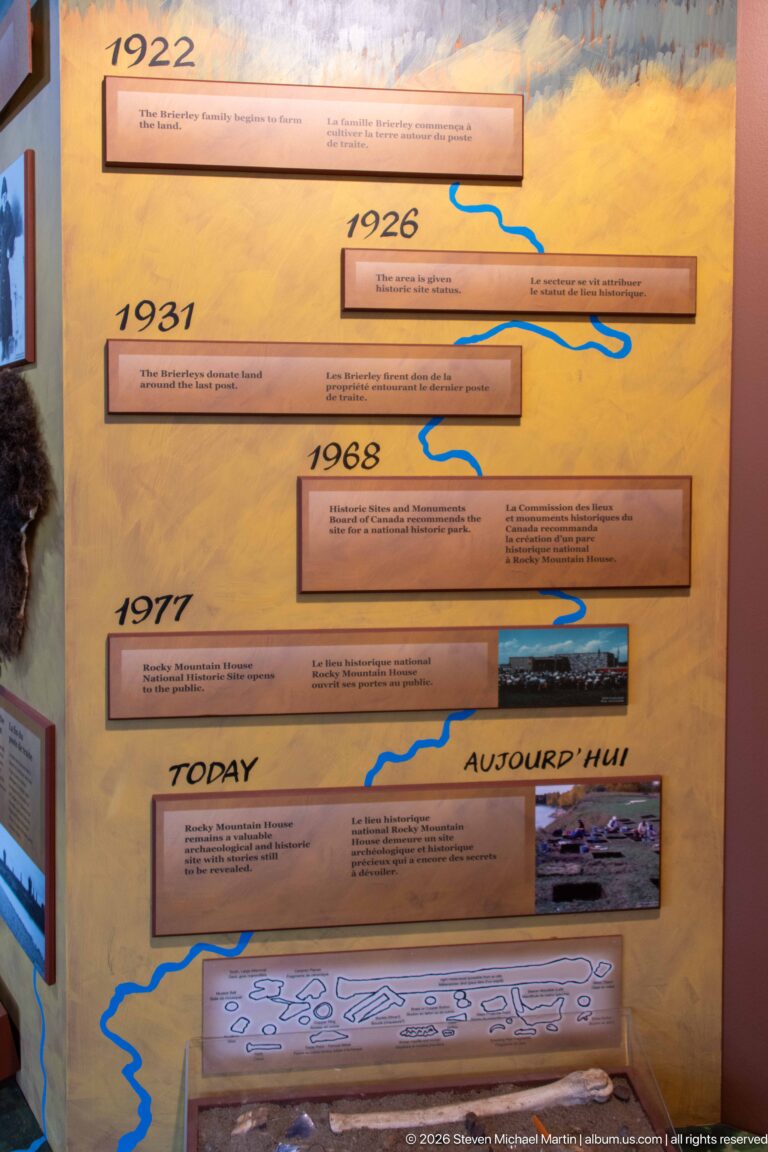Interpretive timeline with dates from 1926 to today, blue river lines, text panels, and small historic illustrations.