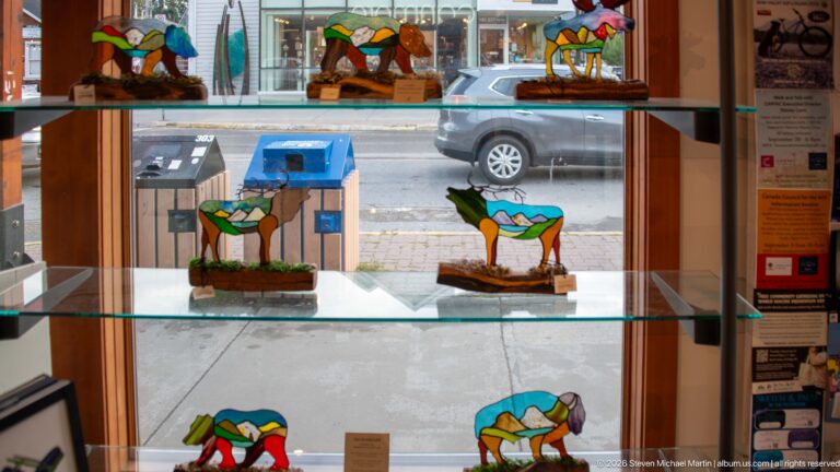 Stained-glass animal panels are displayed on shelves in a shop window overlooking the street.