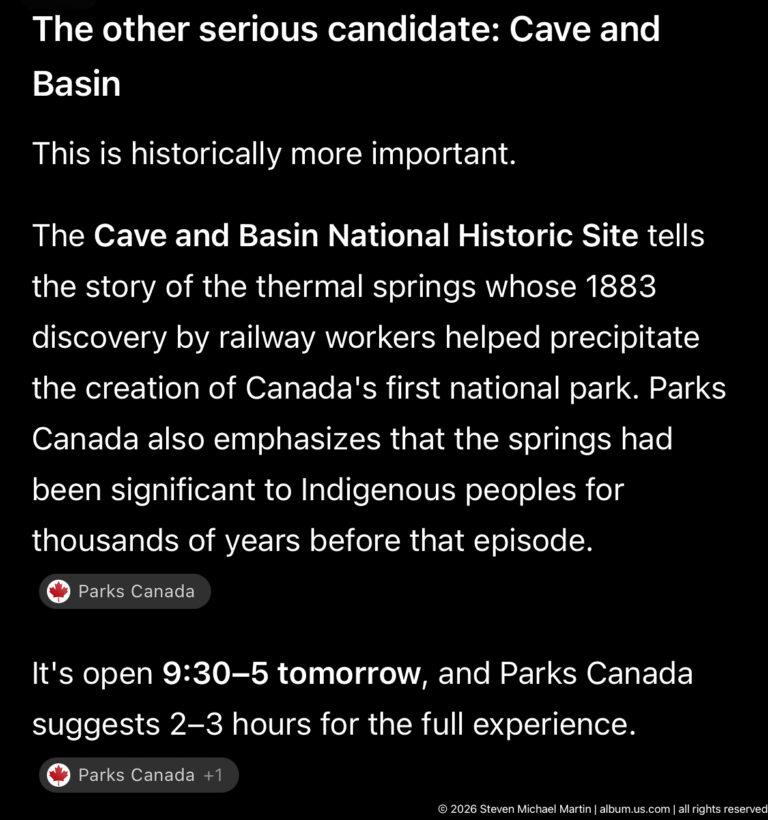 Text graphic about the thermal springs, Indigenous significance, 1883 discovery, and visit information.