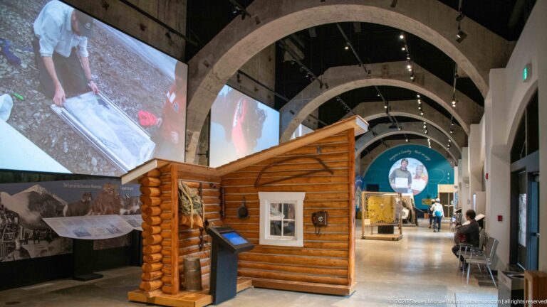 A timber log cabin exhibit stands beneath stone arches in a modern museum gallery.