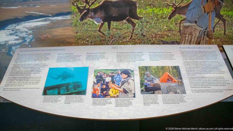A curved exhibit panel marked 1965 combines archival photographs, text, and a small object case.