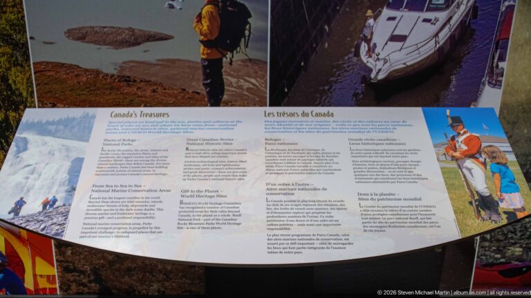 A curved “Canada’s Treasures” panel combines bilingual text with photographs and an outdoor family illustration.