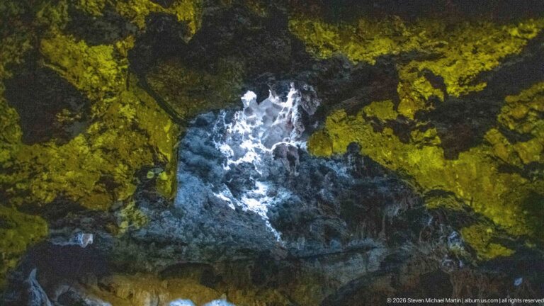 Spring water and reflected light pass over a textured bed of mineral-coated rock.