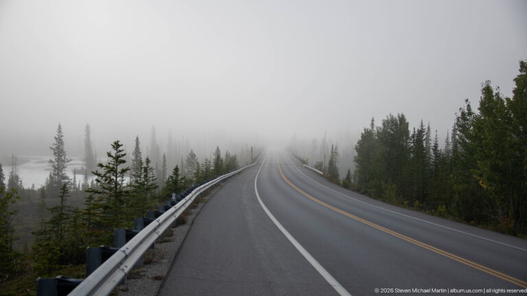 A marked two-lane highway disappears into fog between a guardrail and conifer trees.