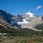 A distant glacier sits between steep peaks beyond a broad conifer forest and alpine meadow.