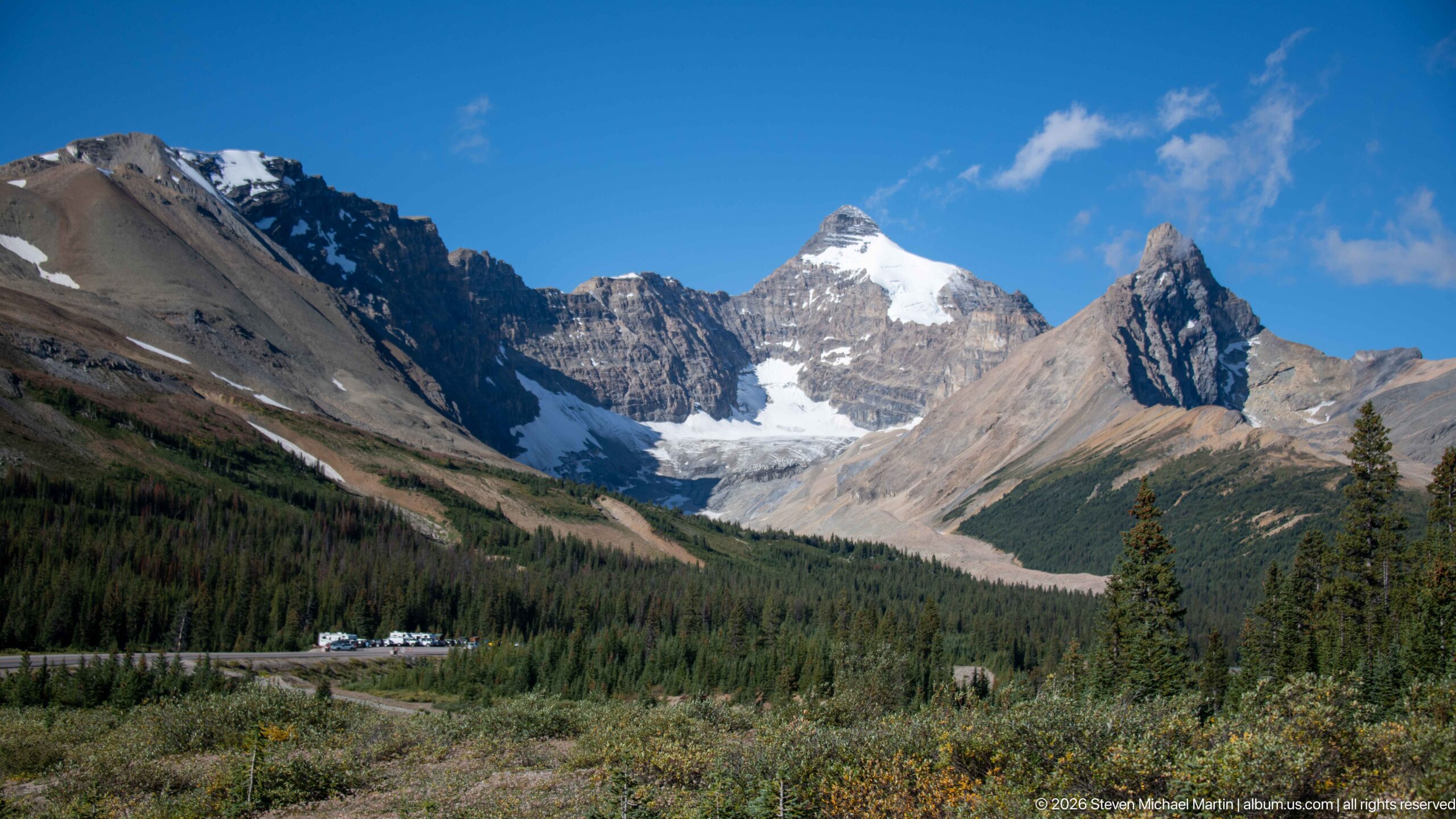A distant glacier sits between steep peaks beyond a broad conifer forest and alpine meadow.