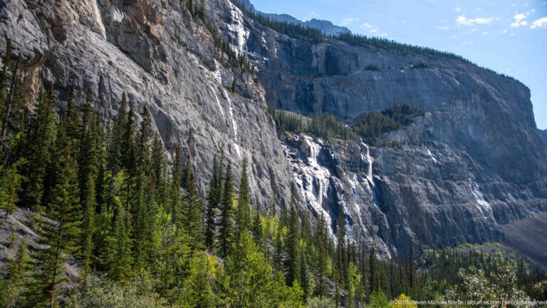 A narrow waterfall cuts down pale rock beside conifers, with smaller streams crossing nearby ledges.