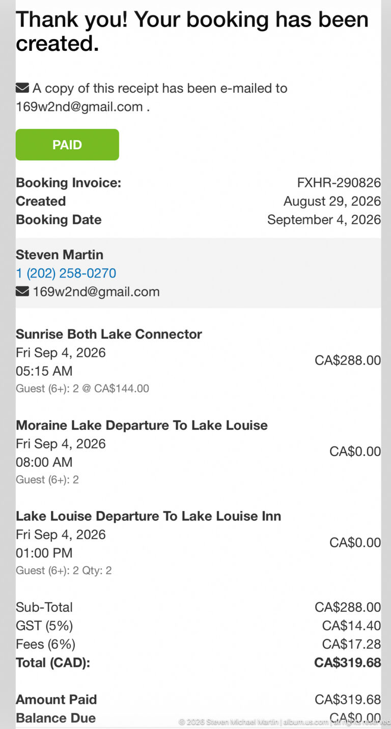 A booking confirmation displays paid status and scheduled shuttle legs for travel around Lake Louise.