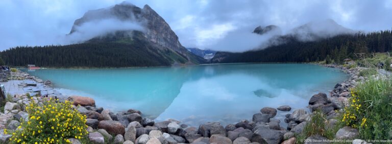 Yellow and pink flowers grow among shoreline stones beside turquoise Lake Louise and clouded slopes.