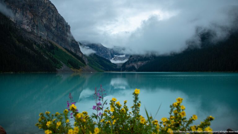 Turquoise Lake Louise reflects cloud between steep mountain walls, with flowers along the near shore.