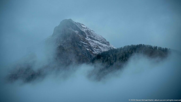 A pale alpine summit rises through low cloud above a dark conifer-covered slope.
