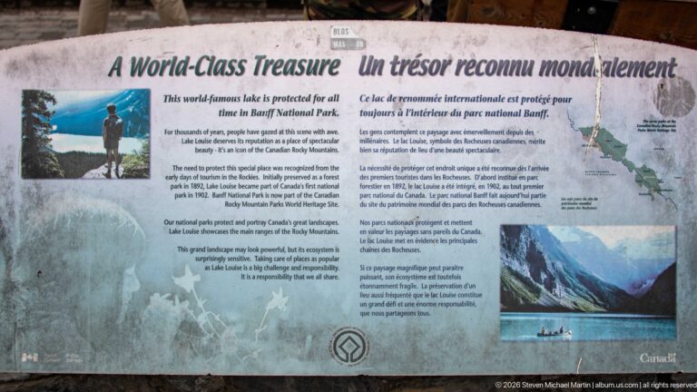 A “Lake Louise: A World Treasure” panel combines text, a map, and photographs of the lake.