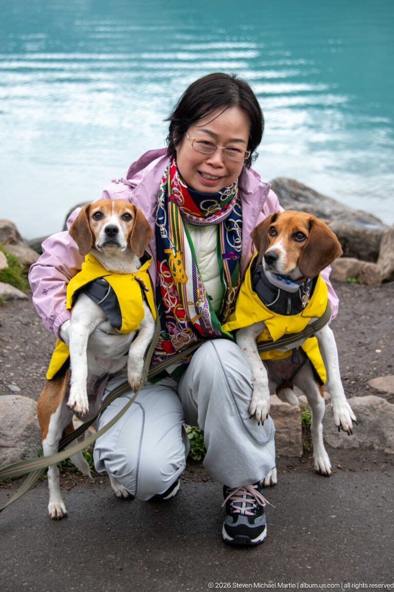 A visitor in a lavender jacket holds two yellow-coated beagles beside turquoise Lake Louise.