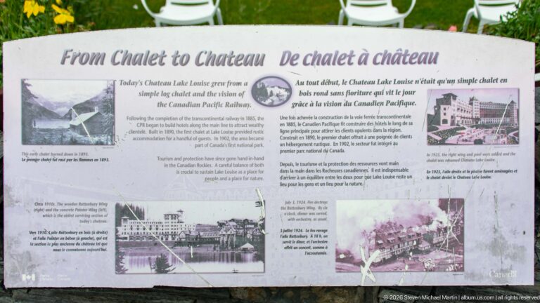 A bilingual “From Chalet to Chateau” panel pairs historic photographs with the resort’s development history.
