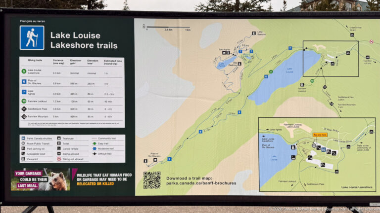 A bilingual panel shows a Lake Louise map beside a table of lakeshore trail distances and elevation details.