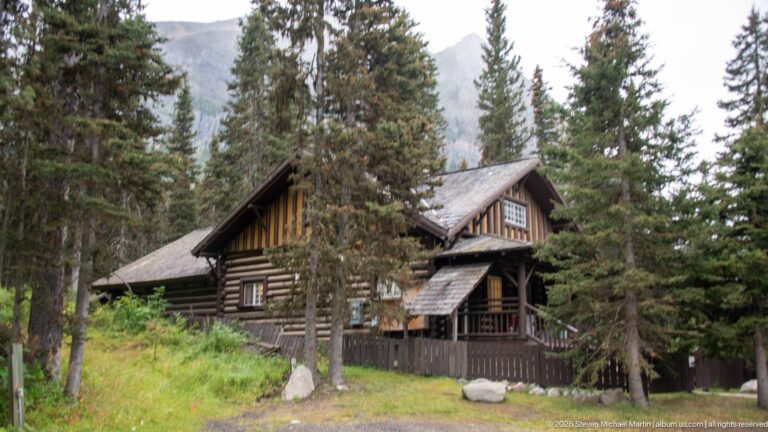 A large timber chalet with steep roofs and half-timbered gables stands in a fenced forest clearing.