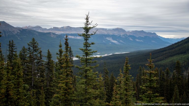 A distant lake and broad mountain valley appear beyond foreground conifers from an elevated trail.