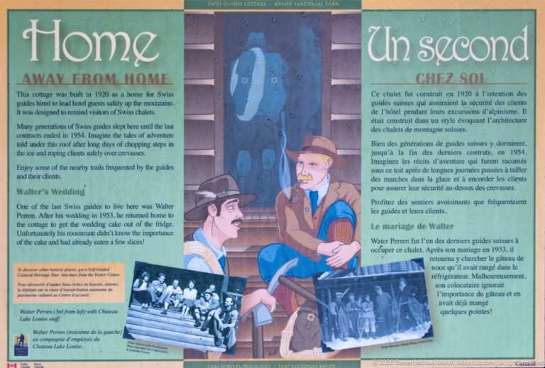 An “Away From Home” panel uses guide illustrations and historic photographs to tell Lake Louise stories.