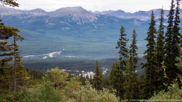 A distant stream crosses a broad forested valley framed by mountain ridges and foreground conifers.