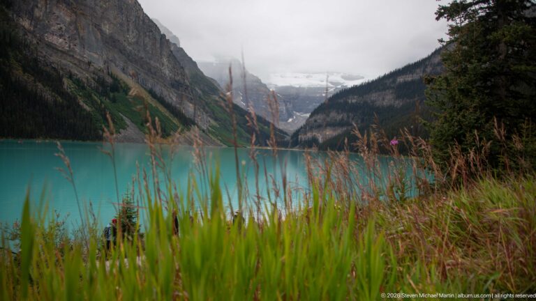 Tall grasses partly screen turquoise Lake Louise and its cloud-covered mountain valley.