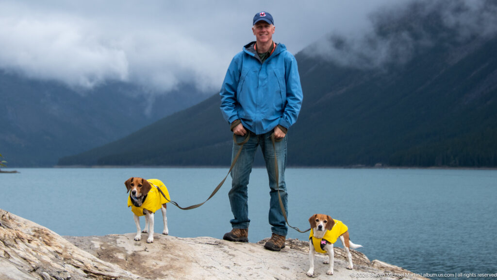 Man in blue jacket with two beagles in yellow raincoats on the Lake Minnewanka shore.
