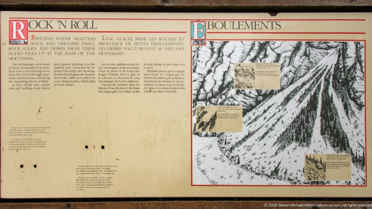 Bilingual geology panel with drawings of fractured mountain slopes, falling rock, and debris accumulations.