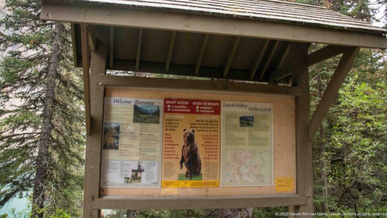 Roofed wooden trail information board displaying maps, wildlife notices, and hiking guidance in forest.