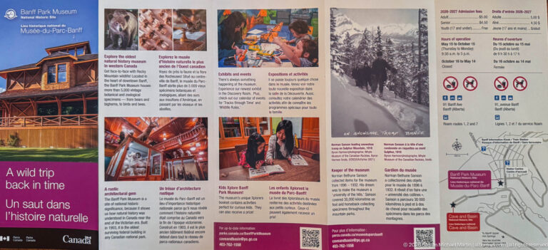 Bilingual Parks Canada panel with museum interiors, wildlife illustrations, historic photographs, and visitor information.