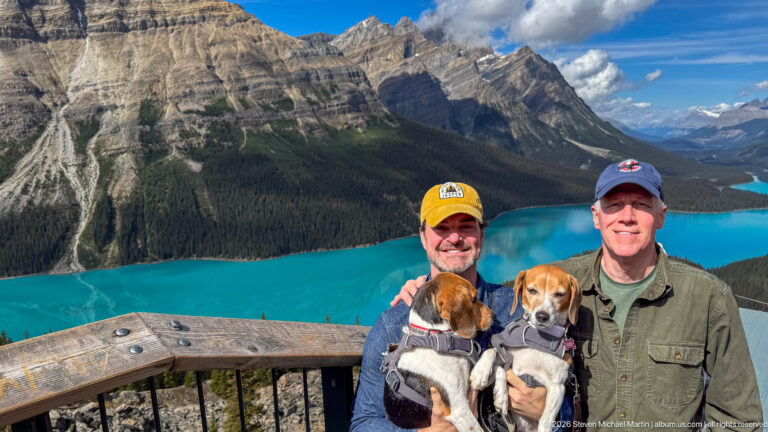 Two visitors hold beagles at a wooden overlook railing above turquoise Peyto Lake and a steep layered mountain.