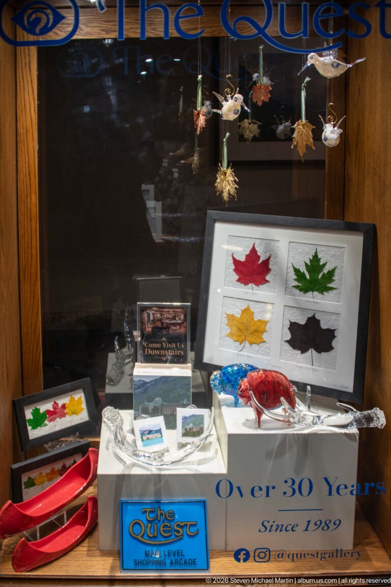 Shop window displaying framed colored maple leaves, jewelry, small decorative objects, and The Quest signage noting “Since 1989.”