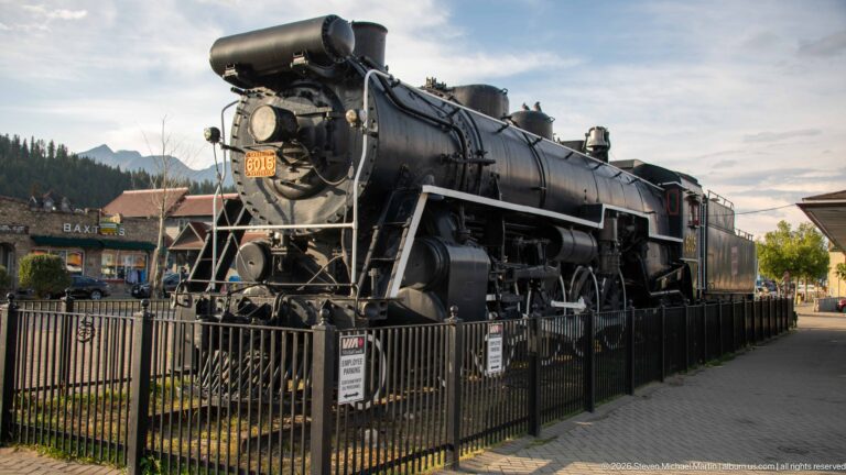 Three-quarter side view of preserved Canadian National steam locomotive 6015 behind a fence, showing boiler, wheels, cab, and tender.
