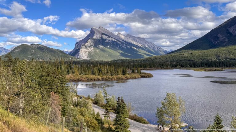 Vermilion Lakes with forested wetlands in the foreground and the sloping limestone profile of Mount Rundle beyond.
