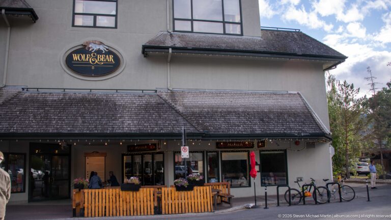 The Holy Bear storefront beneath a broad shingled canopy, with fenced seating, bicycles, and flower boxes.