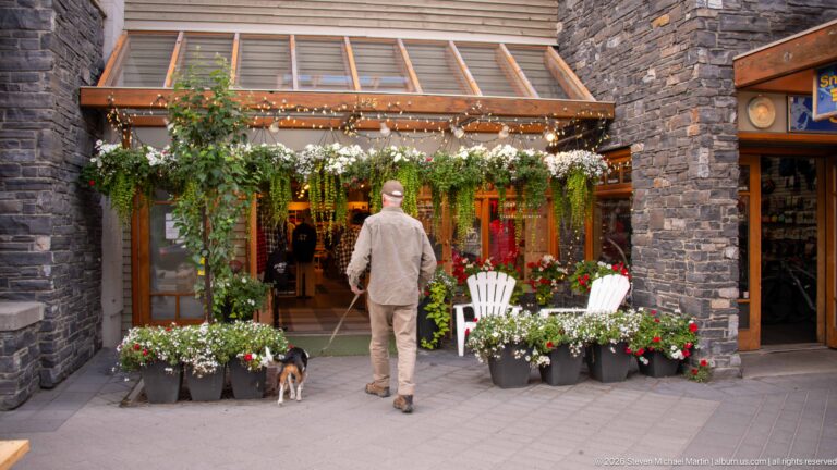 Pedestrian and small dog entering a flower-filled passage between dark stone walls, with white Adirondack chairs nearby.