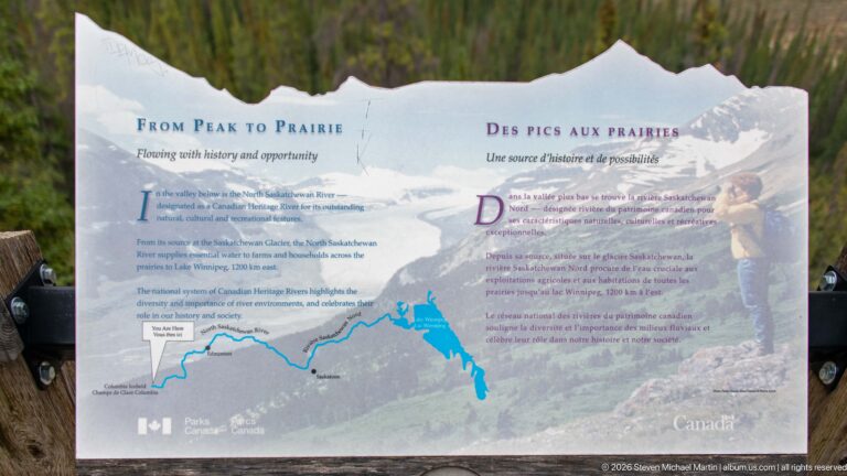 Bilingual “From Peak to Prairie” interpretive panel with a map tracing the North Saskatchewan River.