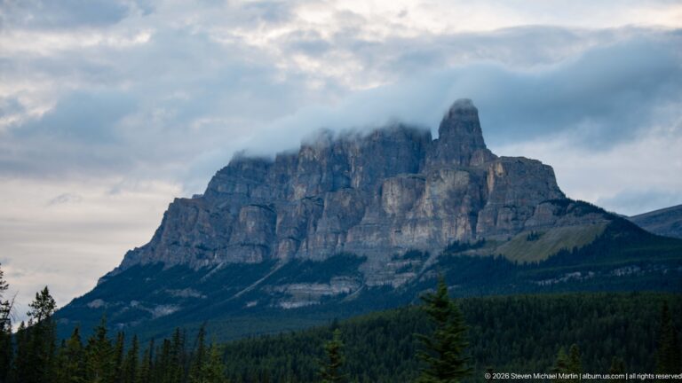 Castle Mountain’s blocky, fortress-like limestone cliffs rise above conifer forest beneath low clouds.