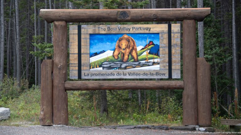 Rustic log-framed bilingual Bow Valley Parkway sign with a painted bear and mountain scene.