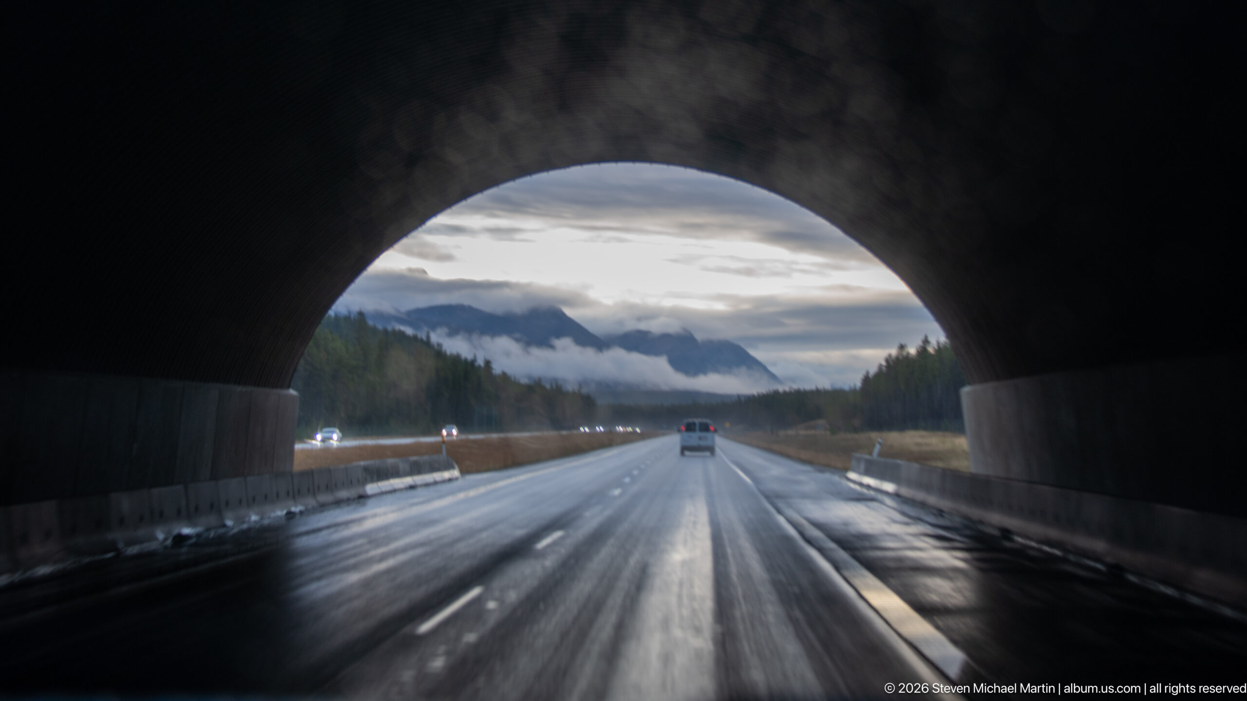 Dark wildlife-crossing arch frames wet divided highway lanes and distant forested mountains.