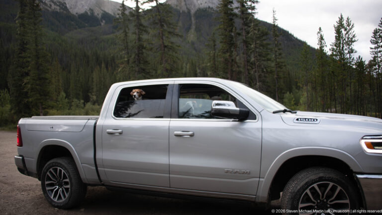 Silver pickup truck parked in a mountain valley with a beagle looking from the rear window.