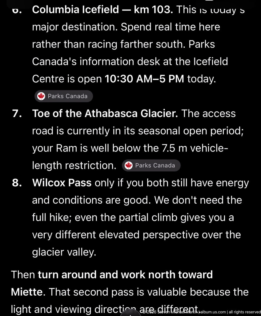 Digital travel itinerary listing Columbia Icefield, Athabasca Glacier, Wilcox Pass, Parks Canada hours, and access notes.