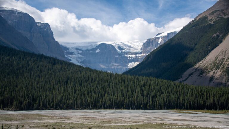 A glacier occupies the head of a deep valley between steep forested and rocky slopes above a broad gravel foreground.