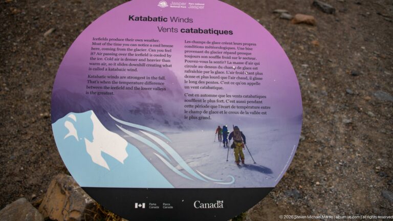 A round purple Parks Canada panel titled Katabatic Winds / Vents catabatiques explains cold downslope glacier winds with an illustration.