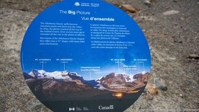 A round blue Parks Canada panel titled The Big Picture / Vue d’ensemble diagrams Athabasca Glacier and surrounding named peaks.