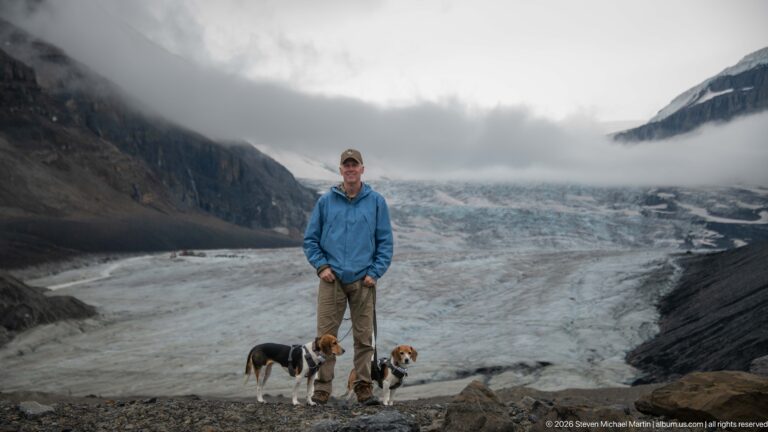 An adult in a blue jacket stands with two beagles on rocky ground, with the broad glacier descending behind under low cloud.