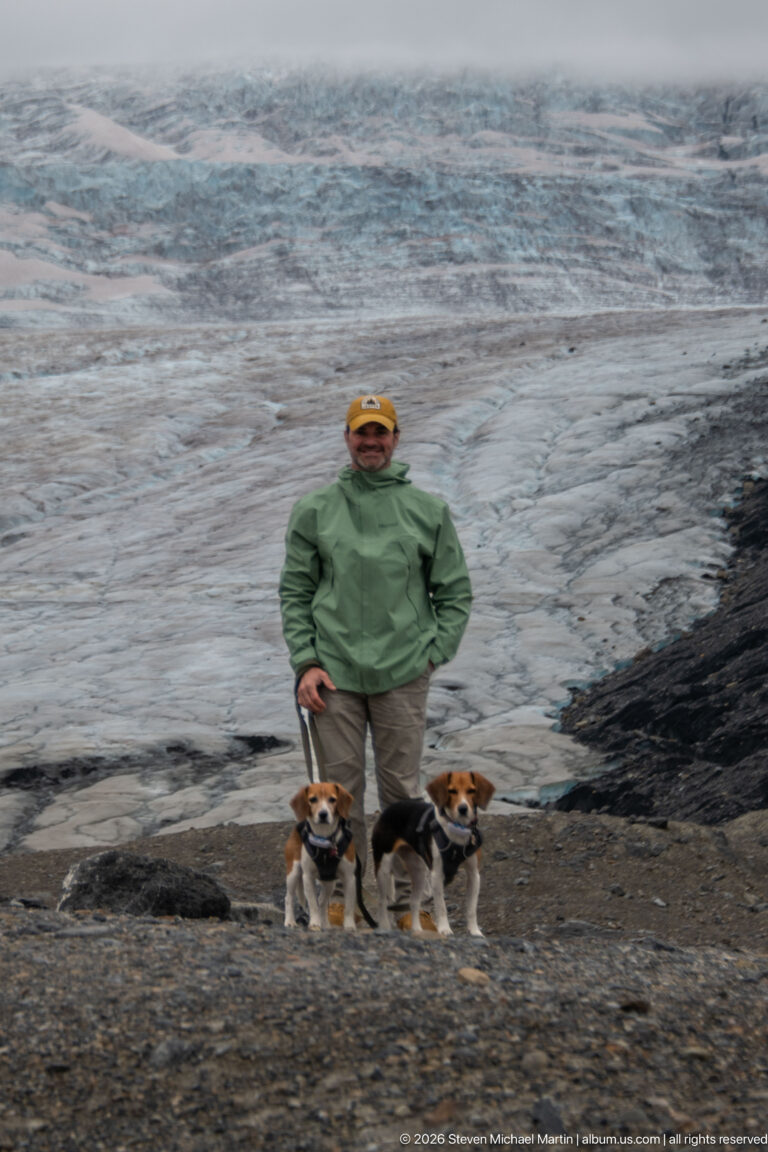 An adult poses with two beagles in front of textured glacier ice dark gravel and moraine occupy the foreground.