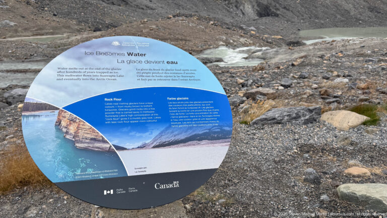 Blue circular panel titled Ice Becomes Water with photographs and bilingual text about glacier meltwater and rivers.