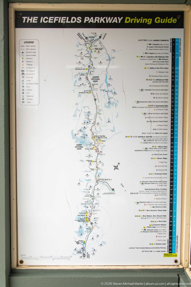 Large Icefields Parkway Driving Guide map showing the highway corridor and numerous marked attractions.